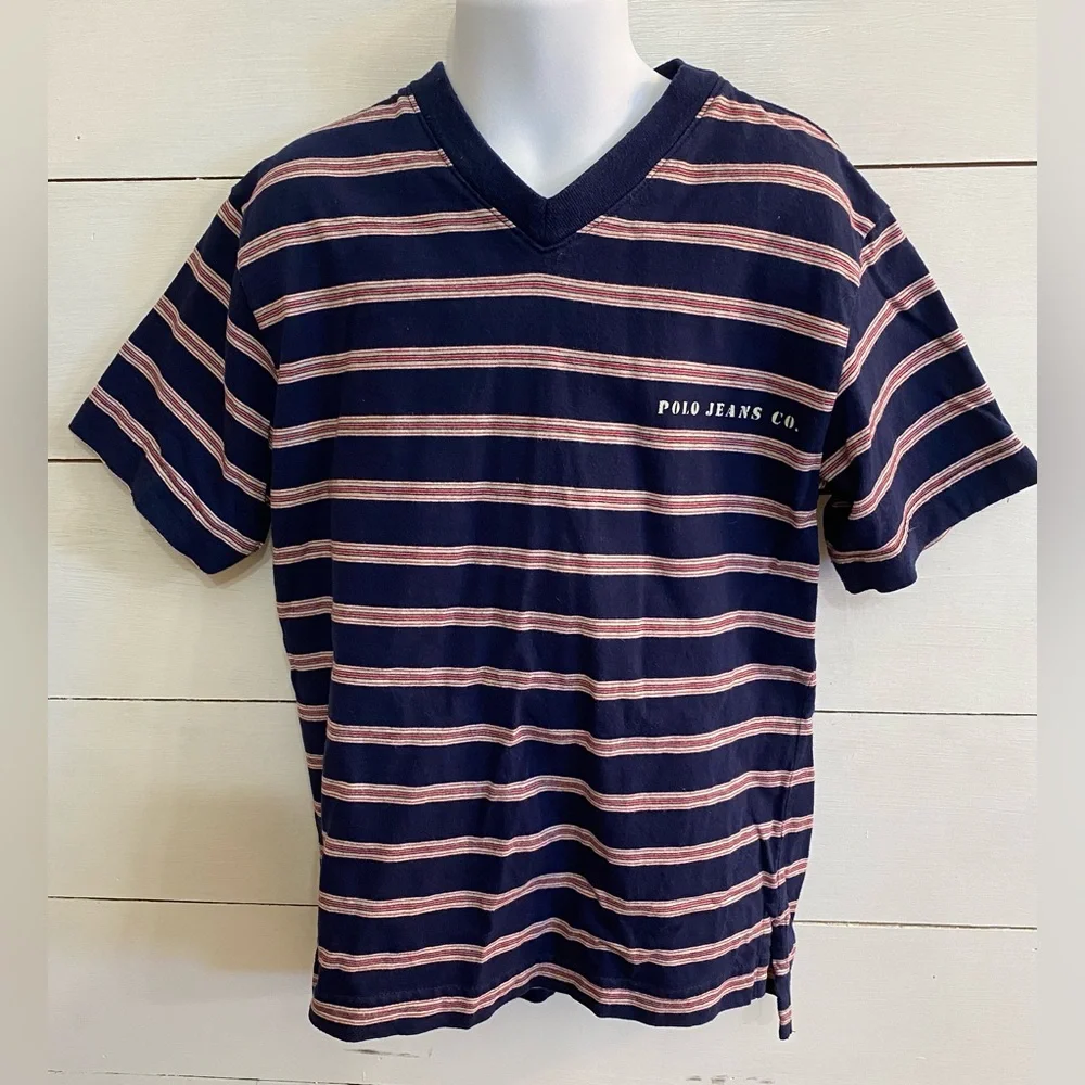Polo Jeans Co Ralph Lauren Boys’‎ Sz 6 Navy Striped V-Neck Tee